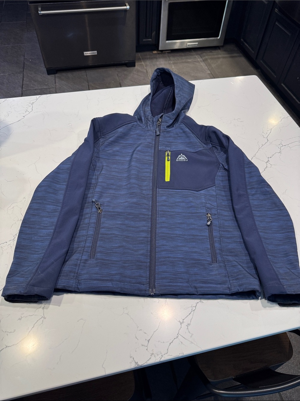 Snozu kids large Navy Hooded Softshell Jacket with Neon Yellow Zip